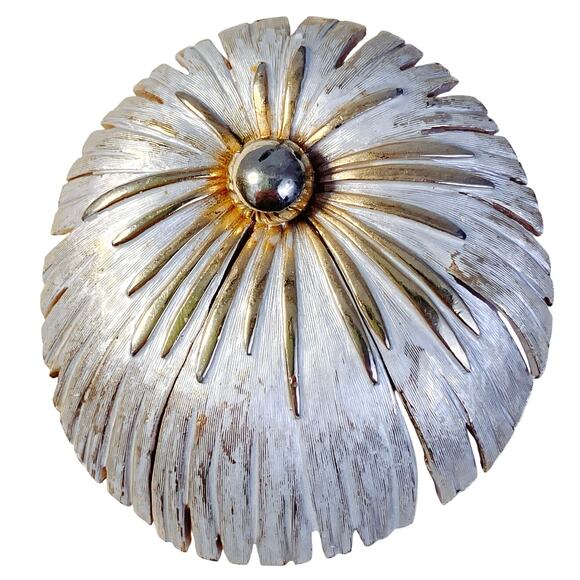 Vintage Mid Century Atomic Sunburst Brooch 50s 60s Silver Gold Two Tone Dome Pin - Picture 1 of 12